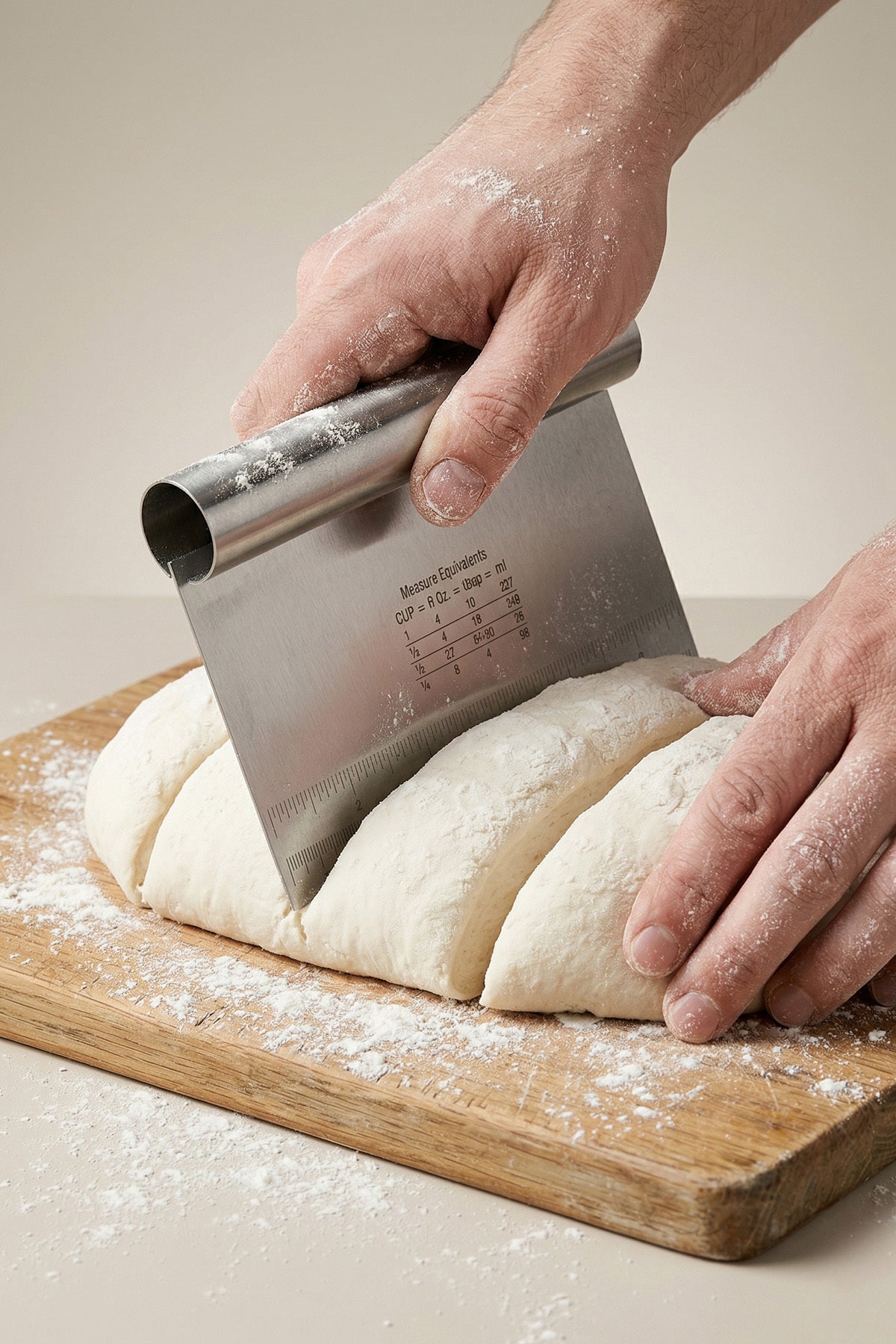 Ahşap tahtada hamuru çelik spatulayla eşit parçalara bölen eller