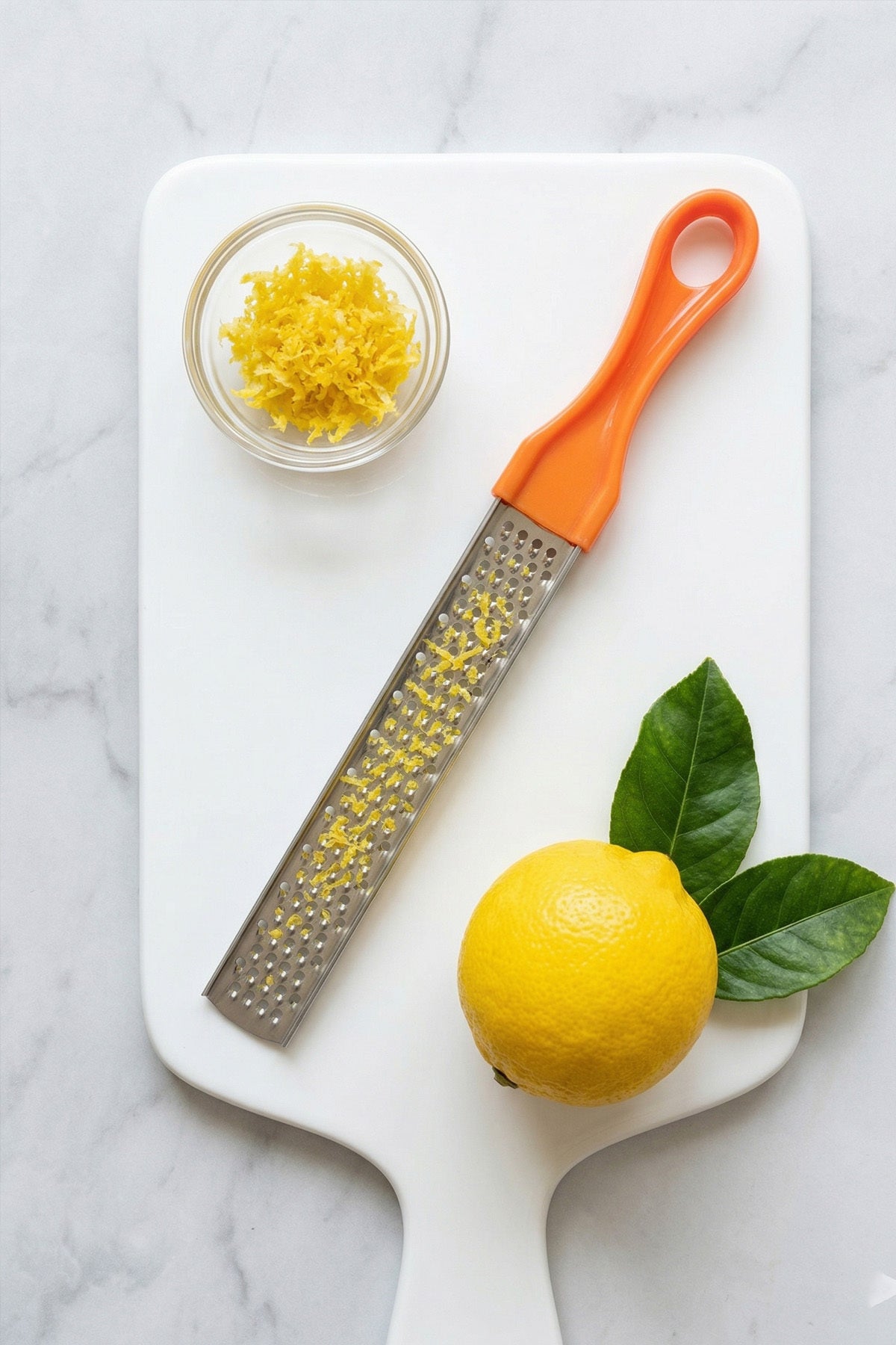Beyaz tahtada limon ve limon kabuğu rendesi yanında turuncu saplı el rendesi