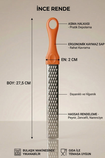 İnce rende özellikleri: 27,5 cm boy, 2 cm en, asma halkası ve kaymaz sap