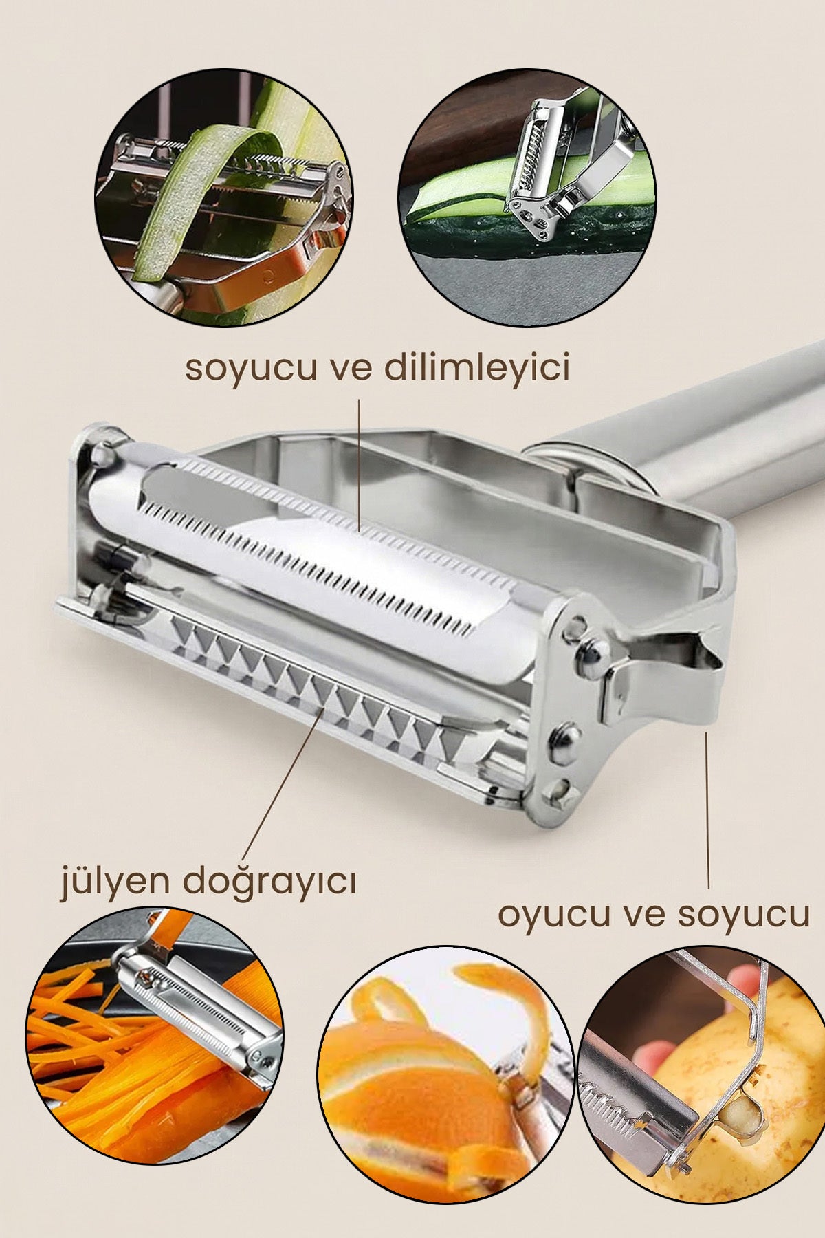 Jülyen soyacağın soyucu, dilimleyici, jülyen doğrayıcı ve oyucu bölümleri