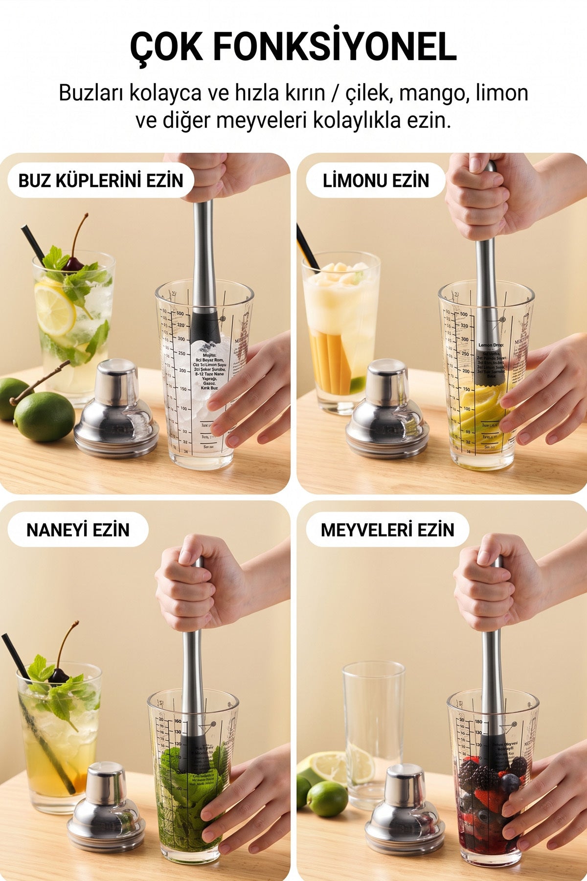 Muddler ile buz kırma, limon, nane ve meyve ezme kullanım örnekleri