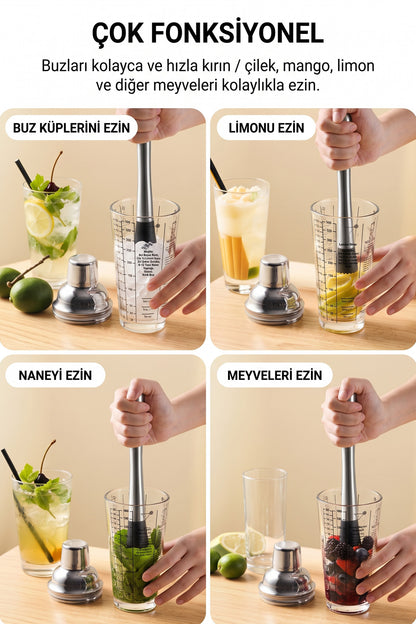 Muddler ile buz kırma, limon, nane ve meyve ezme kullanım örnekleri