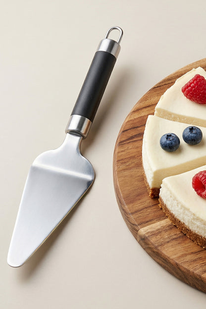 Meyveli cheesecake dilimleri yanında paslanmaz çelik pasta servis spatulası