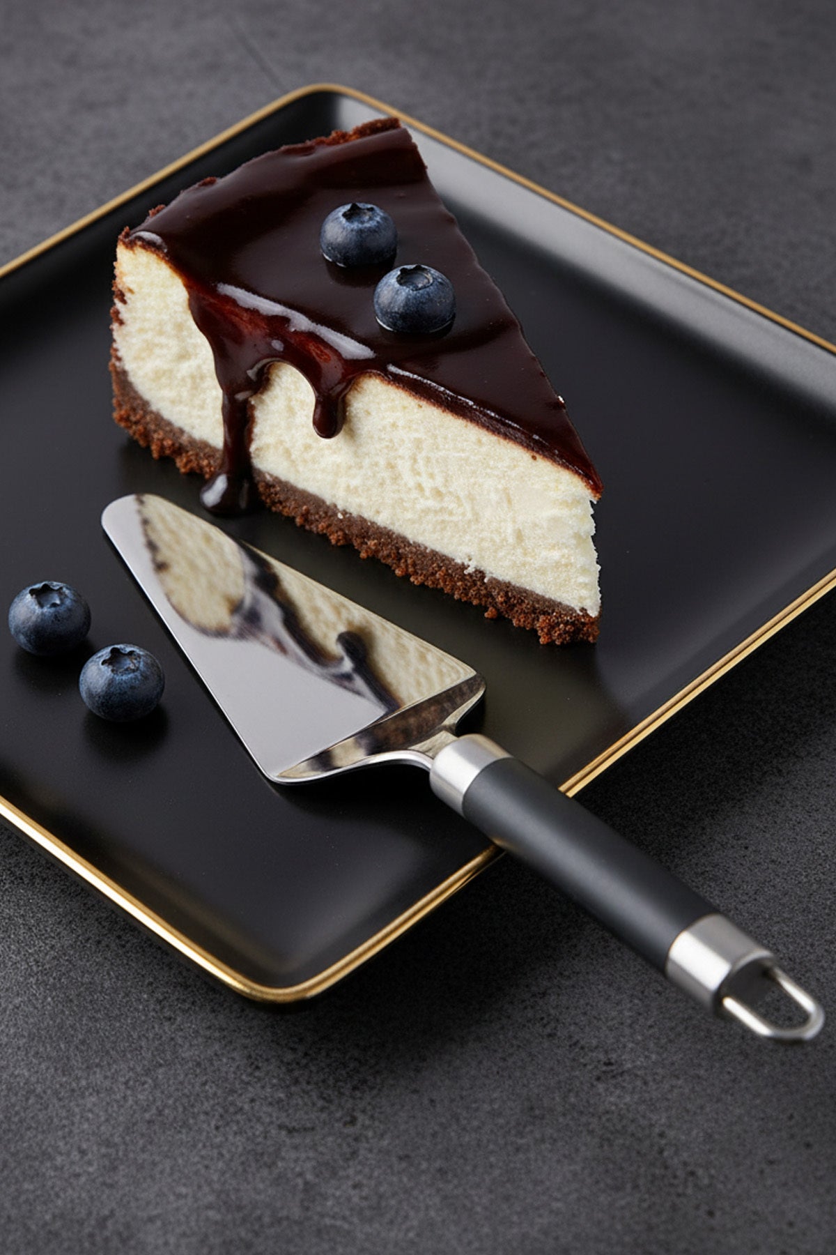 Siyah tabakta çikolatalı cheesecake dilimi ve üçgen pasta spatulası