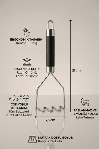 Patates ezici ölçüleri 21 cm ve 7,5 cm; ergonomik sap ve paslanmaz çelik özellikleri