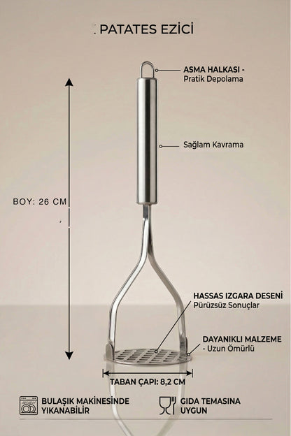 Patates ezici ölçüleri: 26 cm boy, 8,2 cm taban çapı, asma halkası ve ızgara deseni