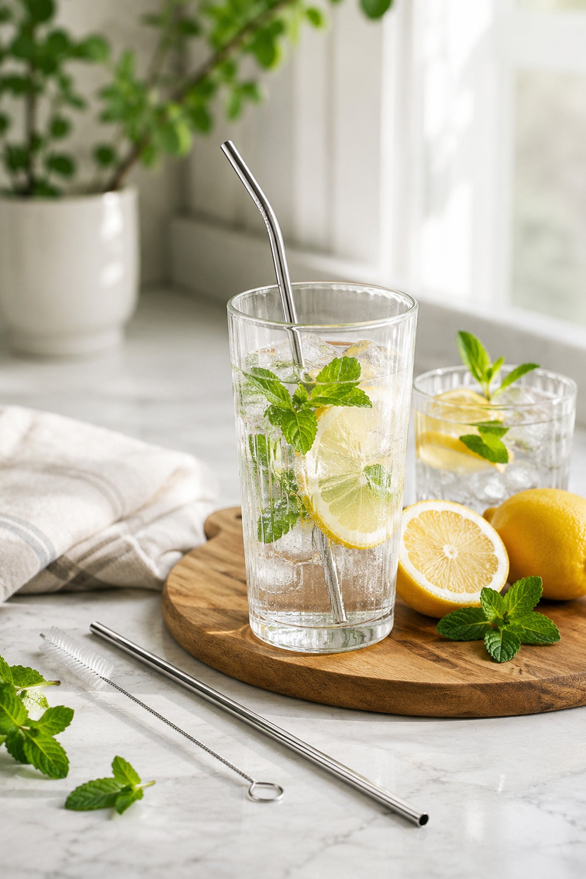 Naneli limonata bardağında metal pipet, ahşap tabla yanında çelik pipet ve fırça