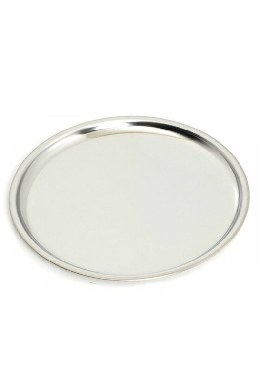 21 cm paslanmaz çelik yuvarlak sunum tepsisi, beyaz zeminde