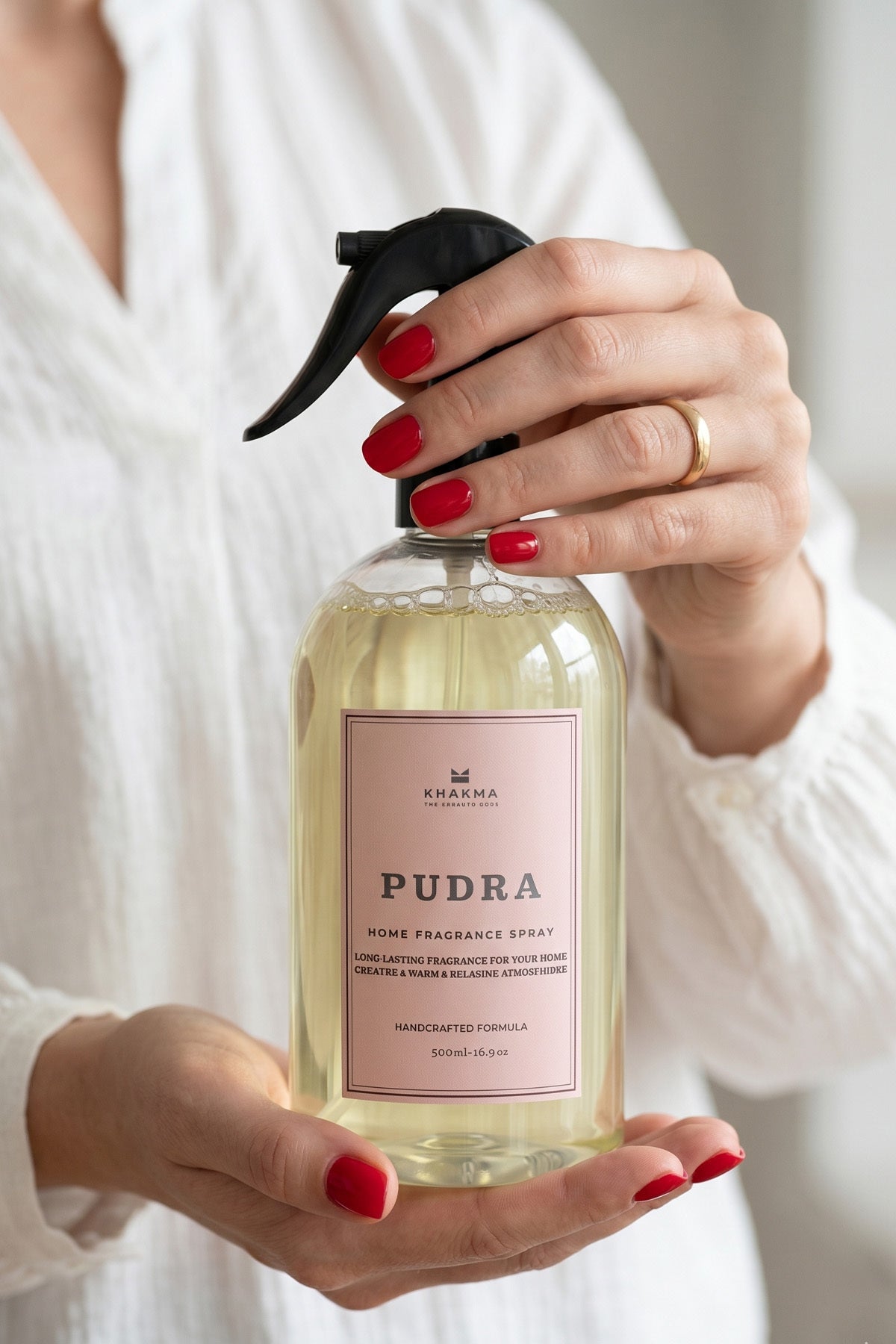 Elde tutulan 500 ml pudra kokulu oda spreyi şişesi yakın çekim