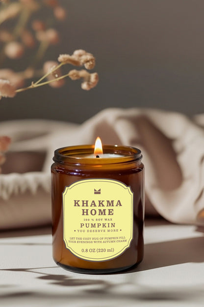 Yanan Pumpkin balkabağı kokulu soya mum, sarı etiketli amber cam kavanozda