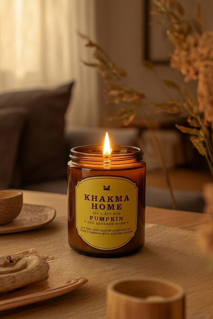 Sonbahar dekorlu ahşap masada yanan Pumpkin balkabağı kokulu mum