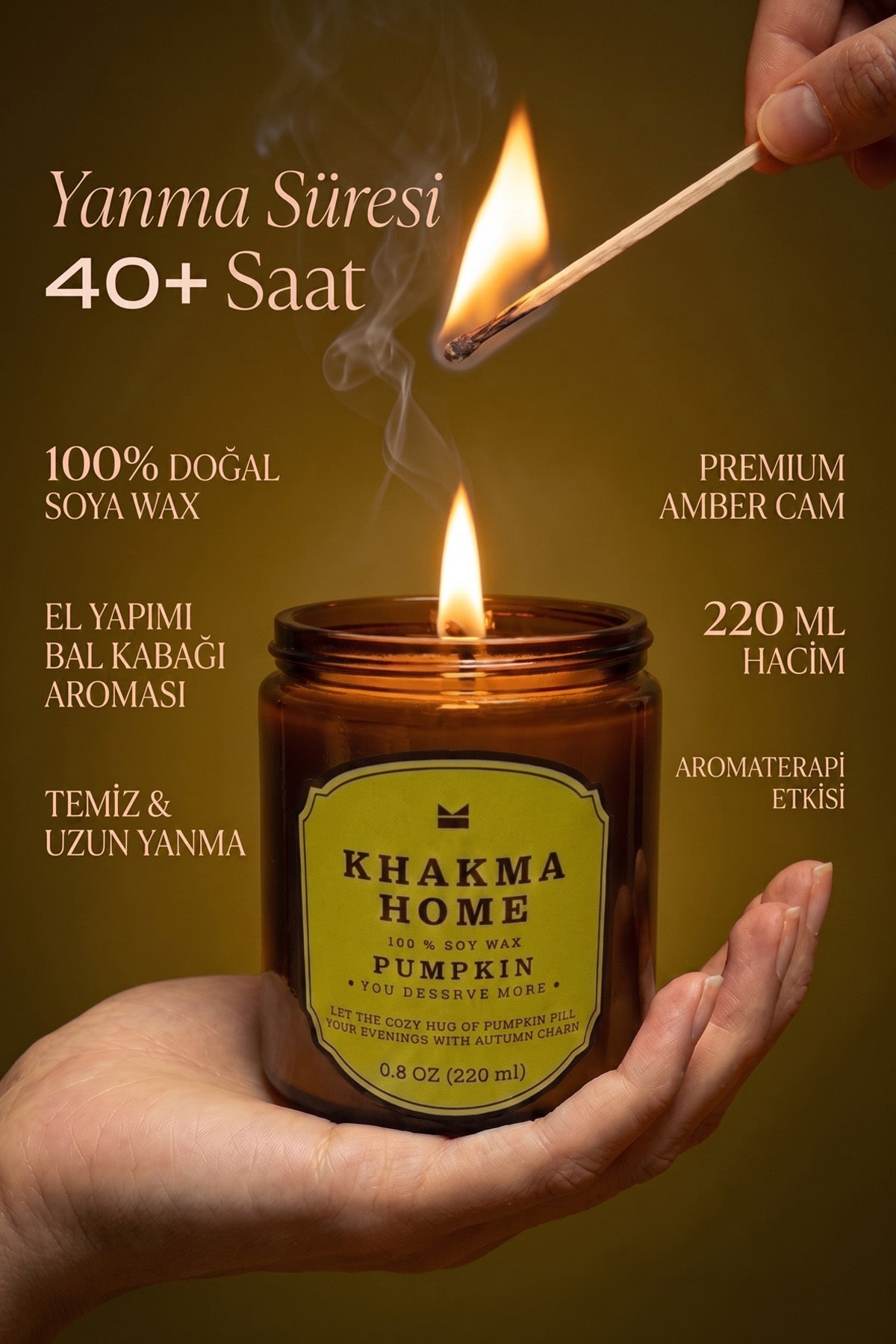 Avuçta tutulan Pumpkin soya mum: 40+ saat yanma, 220 ml, amber cam bilgileri