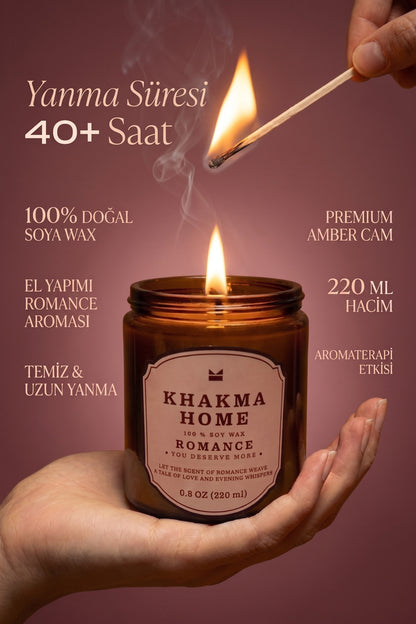 Avuç içinde yanan Romance mum, 40+ saat yanma ve 220 ml bilgili tanıtım görseli