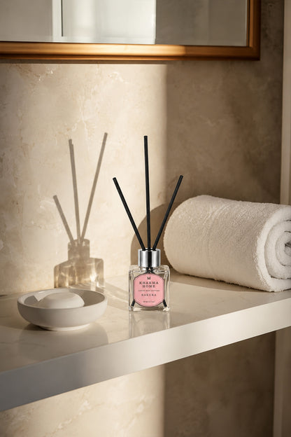 Banyo rafında havlu ve sabun yanında duran 50 ml Sakura oda kokusu