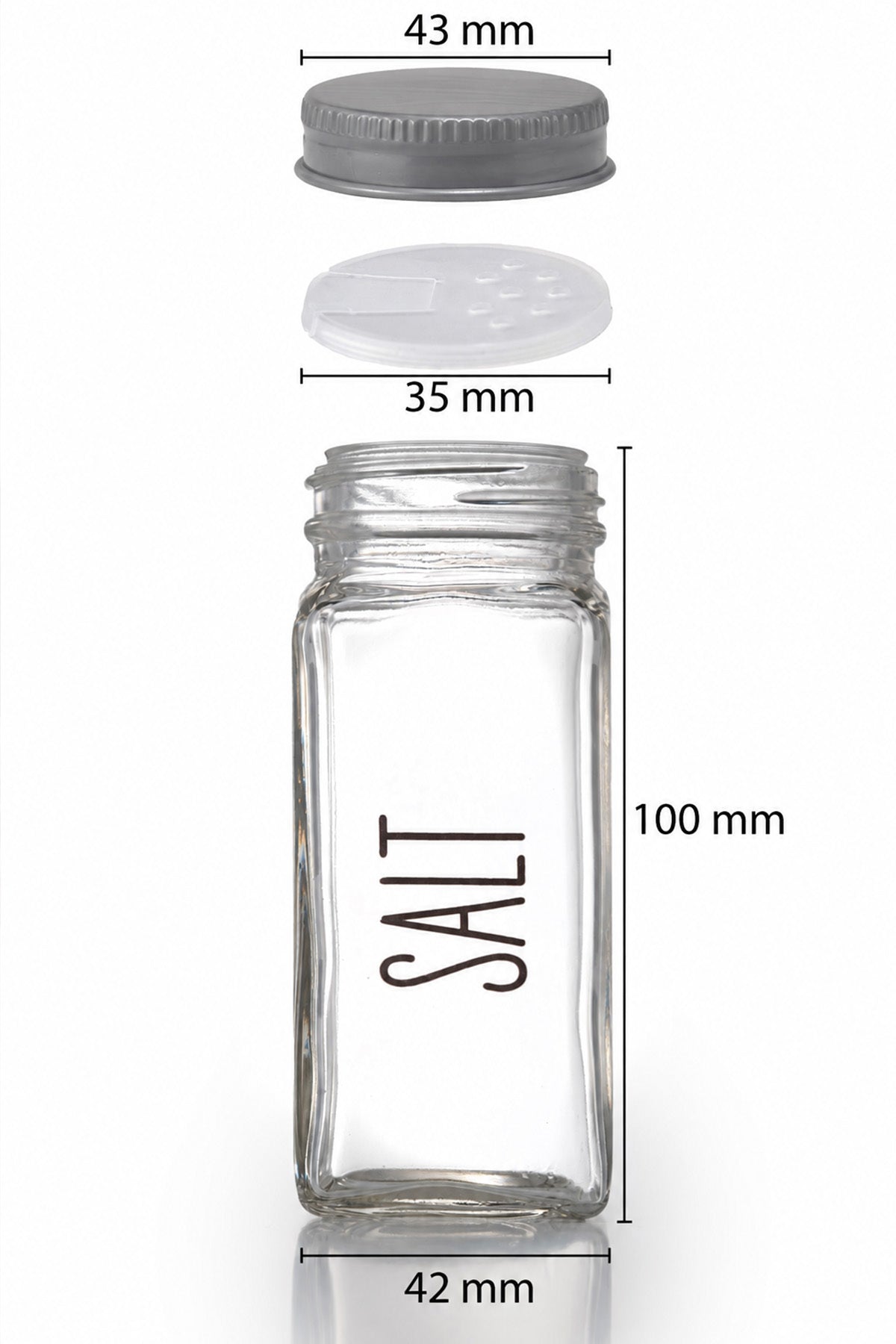 Tuzluk ölçüleri: 100 mm şişe, 42 mm taban, 43 mm dış kapak, 35 mm iç kapak