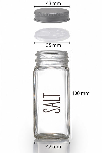 Tuzluk ölçüleri: 100 mm şişe, 42 mm taban, 43 mm dış kapak, 35 mm iç kapak
