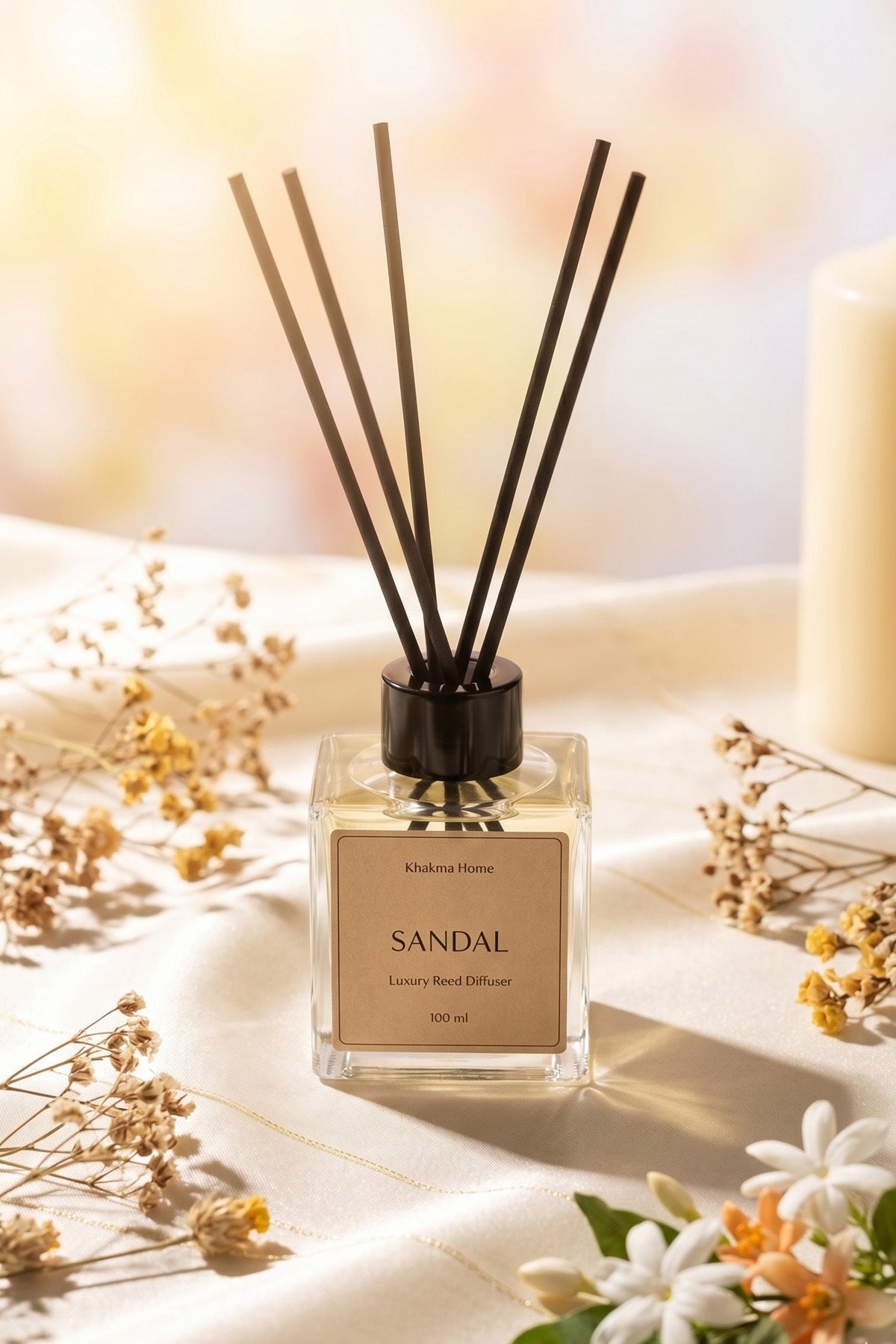 Kuru çiçekler ve mum arasında sandal ağacı bambu çubuklu difüzör