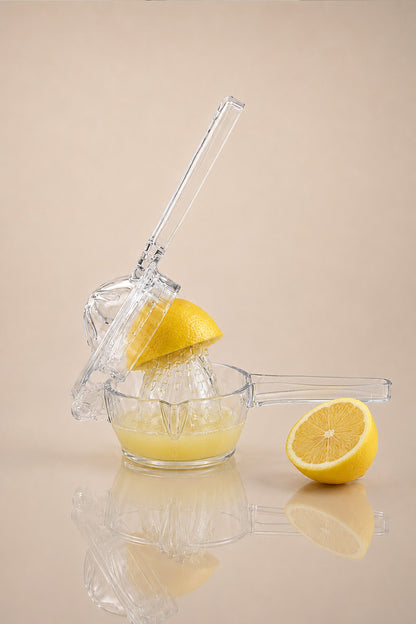 Yarım limon sıkılmış şeffaf akrilik limon sıkacağı, haznede biriken limon suyu