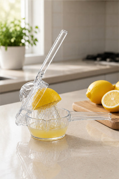 Mutfak tezgâhında limonlarla birlikte kullanılan şeffaf limon sıkacağı