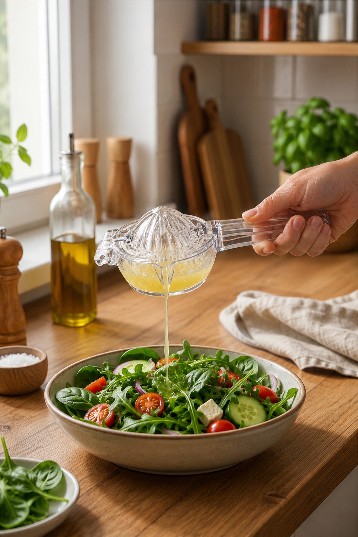 Hazneli limon sıkacağından salata kasesine damlatmadan dökülen limon suyu