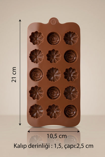 Silikon çikolata kalıbı ölçüleri: 21 x 10,5 cm, göz çapı 2,5 cm, derinlik 1,5 cm