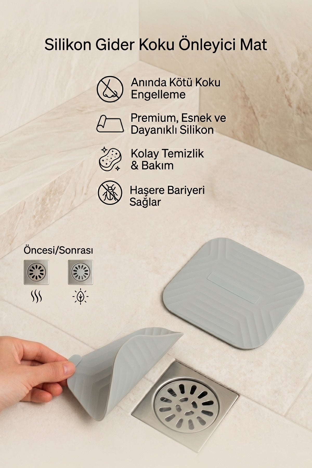 Silikon gider koku önleyici mat banyo giderinin üzerine yerleştiriliyor