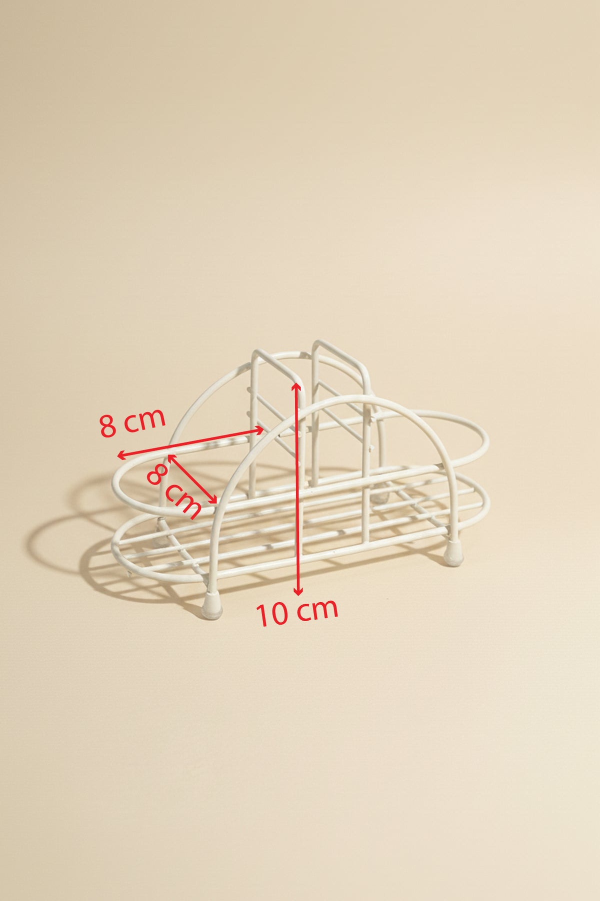 Beyaz sabunluk standı ölçü görseli: 10 cm yükseklik, 8 cm yuvalar