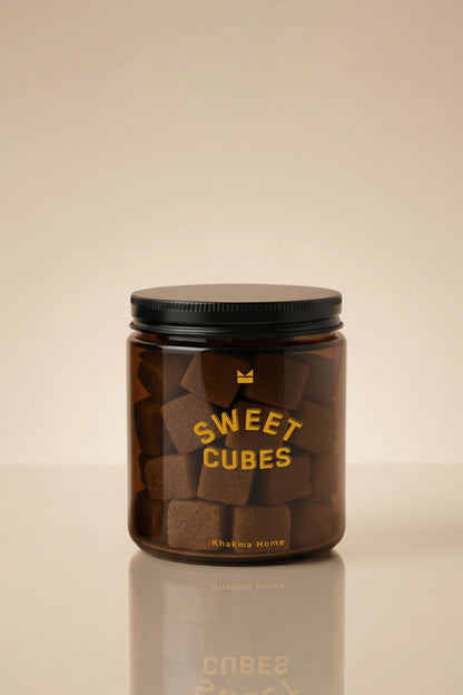 Esmer küp şekerle dolu siyah kapaklı Sweet Cubes amber cam şeker kavanozu
