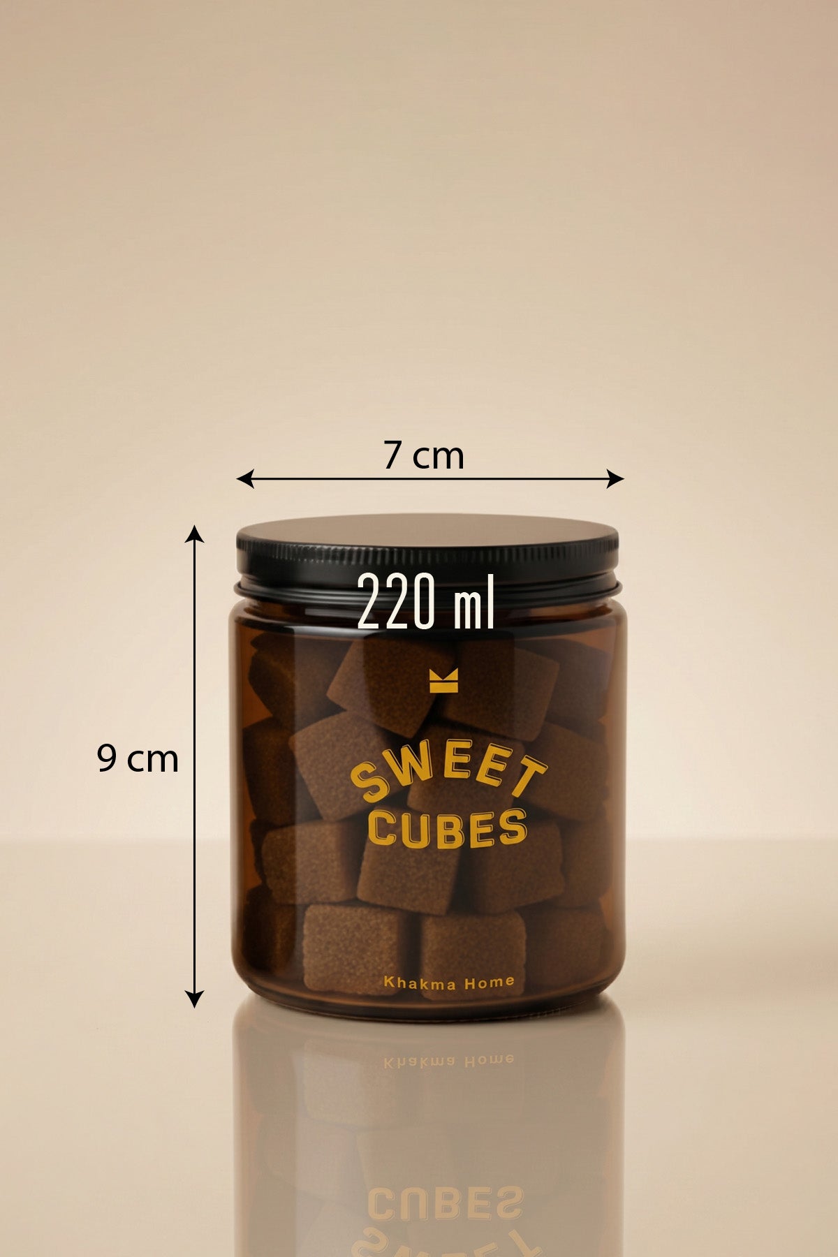 Sweet Cubes amber cam şeker kavanozu ölçüleri: 220 ml, 9 cm yükseklik, 7 cm çap