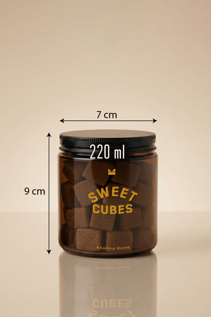 Sweet Cubes amber cam şeker kavanozu ölçüleri: 220 ml, 9 cm yükseklik, 7 cm çap