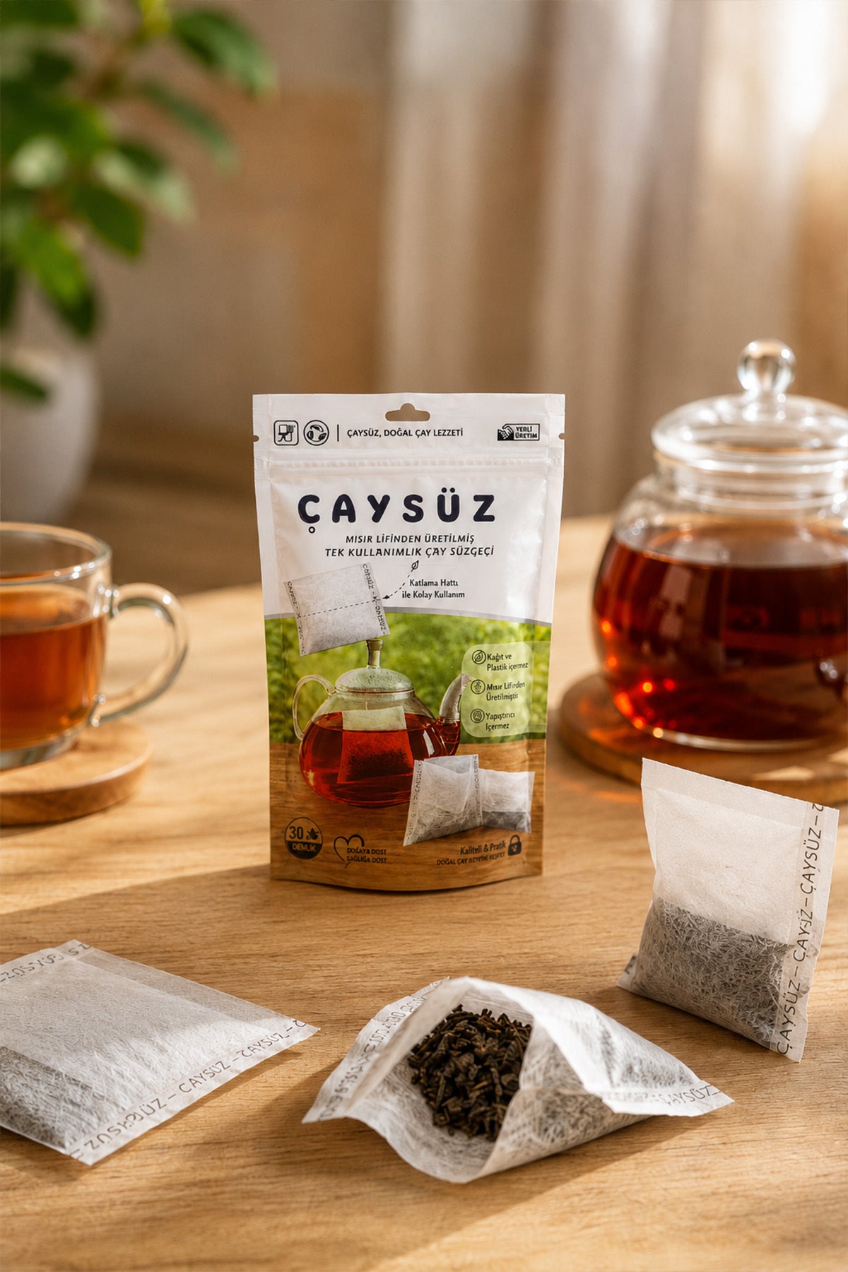 Ahşap masada cam demlik, çay bardağı ve çay doldurulmuş tek kullanımlık süzgeçler