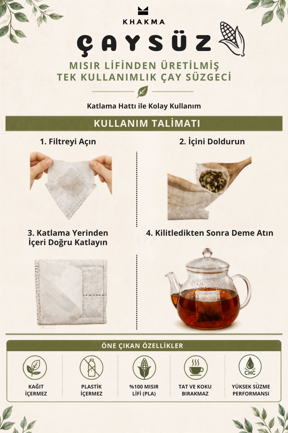 Çay süzgeci kullanım talimatı: filtreyi aç, doldur, katla, demliğe at