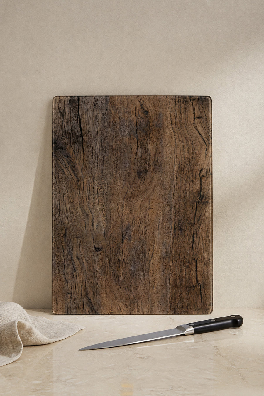 Temperli Cam Kesme Tahtası – 25x35 cm Ahşap Desenli, Silikon Ayaklı
