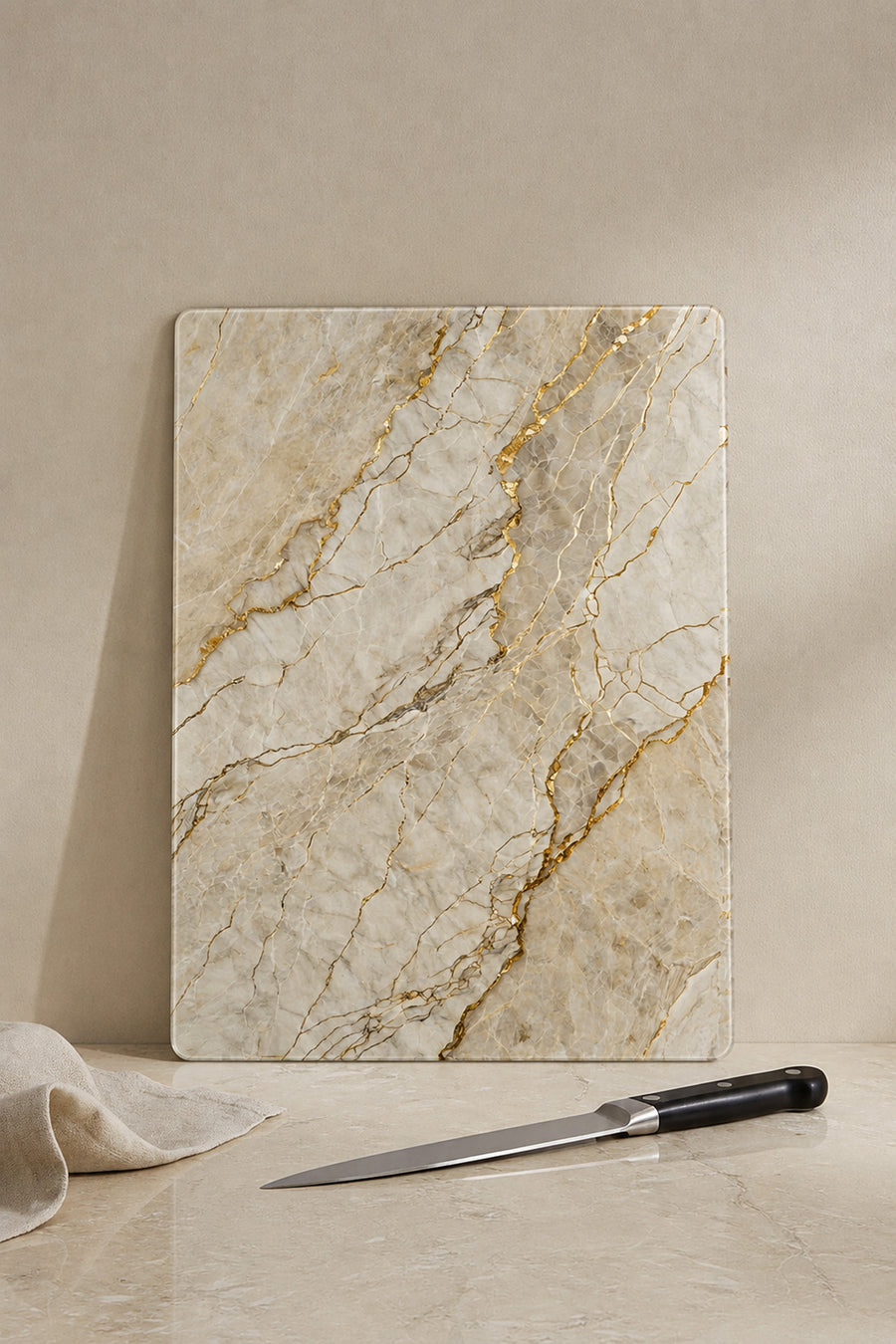 Temperli Cam Kesme Tahtası – 25x35 cm Krem Mermer Desenli