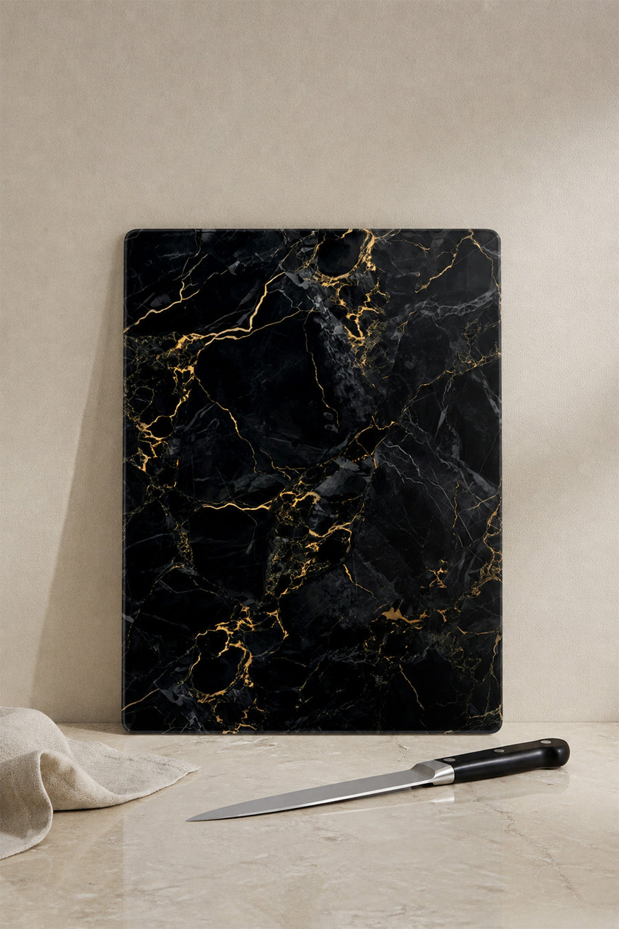 Temperli Cam Kesme Tahtası – 25x35 cm Siyah Mermer Desenli