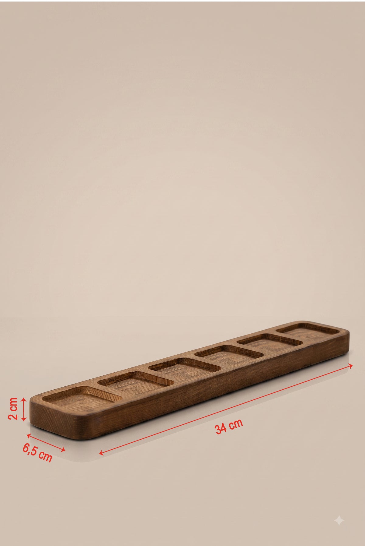 Altı yuvalı uzun ahşap baharatlık standı ve 34 x 6,5 x 2 cm ölçüleri