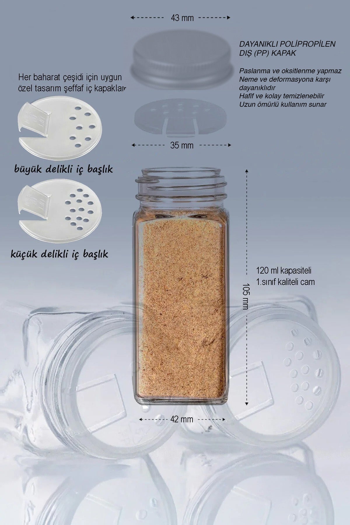 120 ml kare cam baharatlık, büyük ve küçük delikli iç kapak ve dış kapak detayı