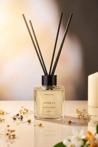 Mum ve beyaz çiçeklerle aydınlık zeminde 100 ml Vanilya oda kokusu