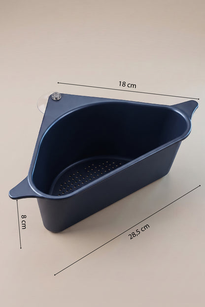 28,5 x 18 x 8 cm ölçüleri işaretlenmiş lacivert lavabo köşe düzenleyici