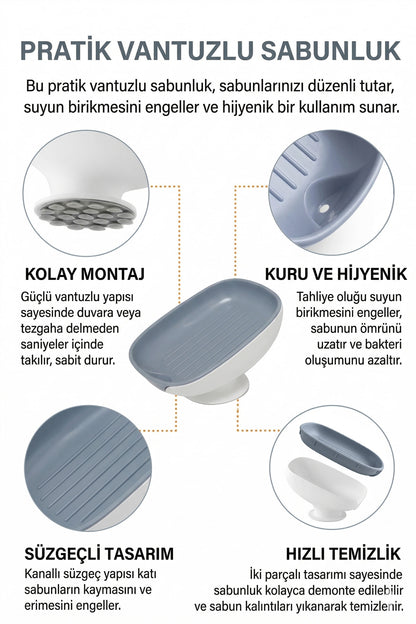 Vantuzlu sabunluk infografiği: kolay montaj, kuru ve hijyenik, süzgeçli, hızlı temizlik