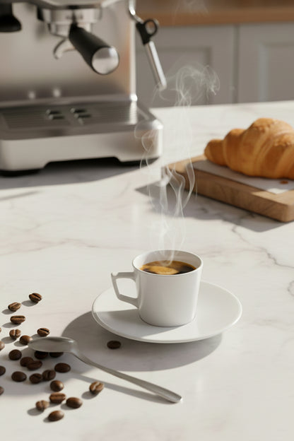 Espresso makinesi ve kruvasan yanında Vetra fincanda sıcak kahve