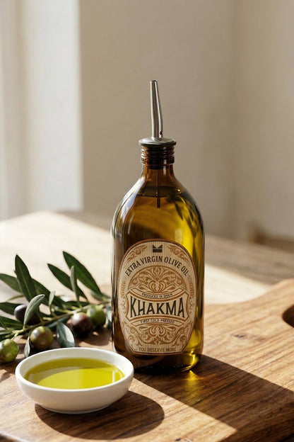 Ahşap tahtada zeytin dalı ve zeytinyağı kasesi yanında vintage yağdanlık