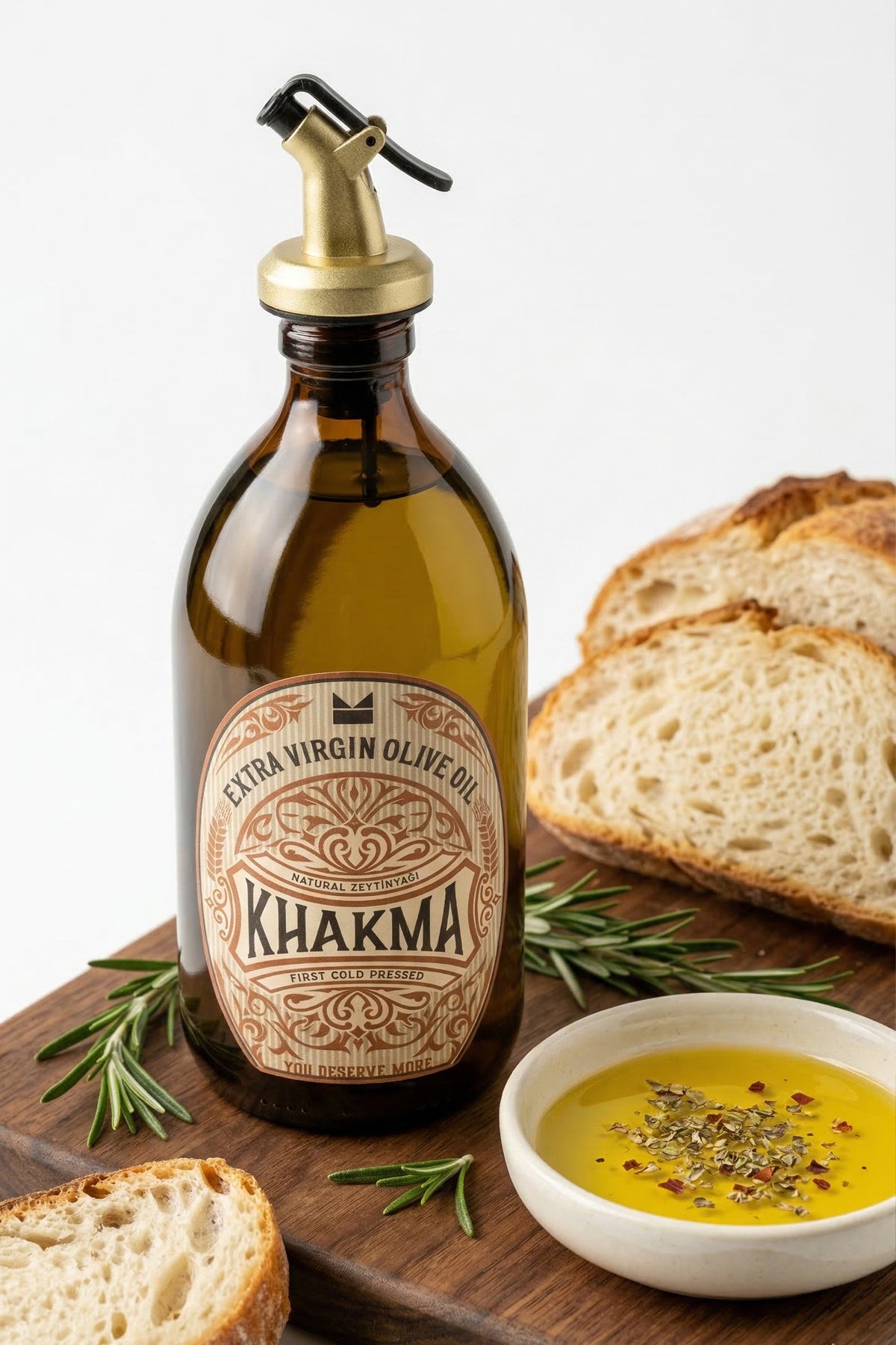 Ekmek dilimleri ve baharatlı zeytinyağı kasesi yanında amber cam yağdanlık