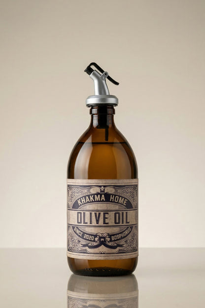 Olive Oil etiketli 500 ml vintage cam yağdanlık ve damlatmaz başlık