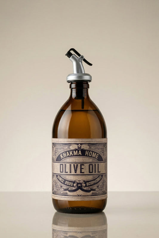 Olive Oil etiketli 500 ml vintage cam yağdanlık ve damlatmaz başlık