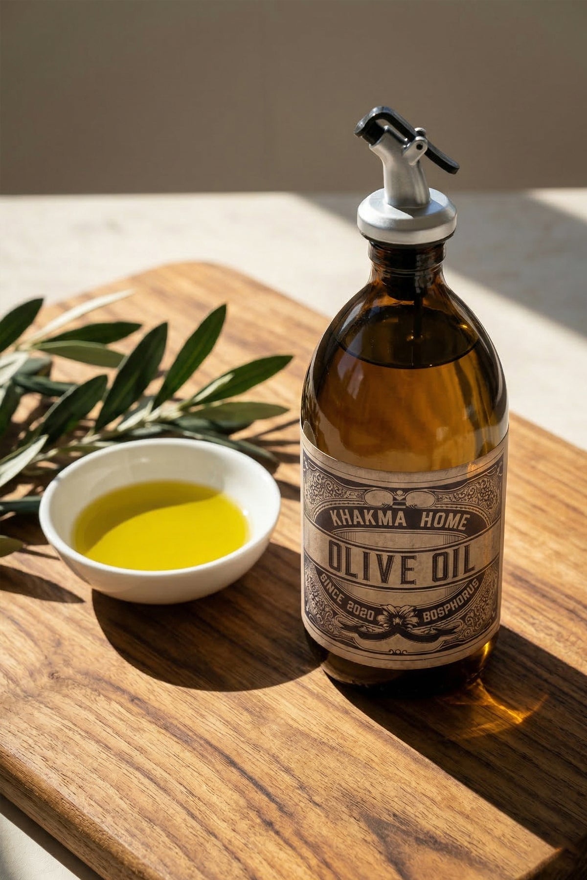 Güneşli tezgâhta zeytin dalı ve zeytinyağı kasesi yanında 500 ml yağdanlık