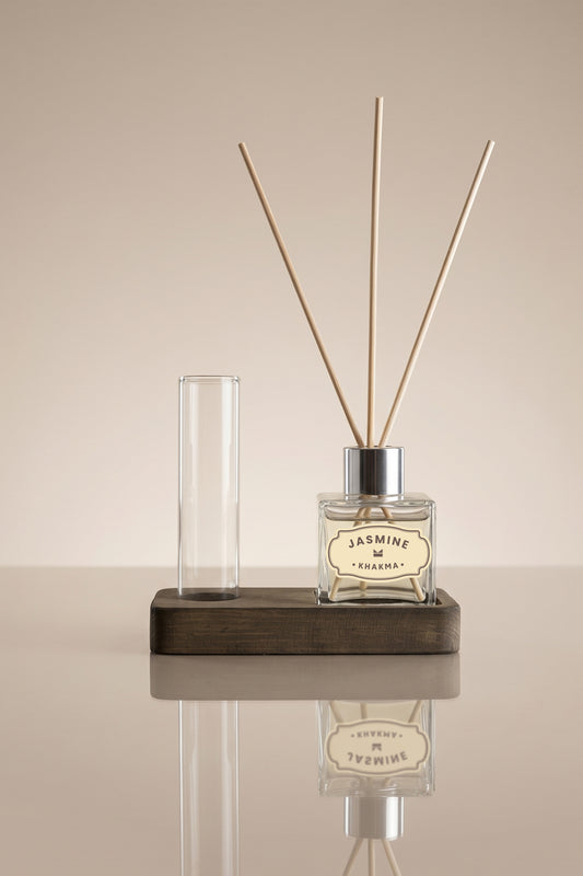 Ahşap stand üzerinde Jasmine etiketli 50 ml oda kokusu, bambu çubuklar ve boş cam tüp vazo