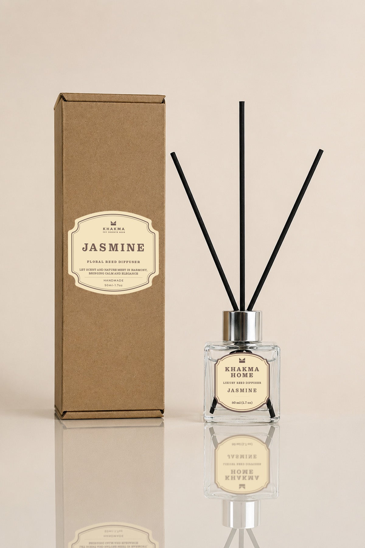 Jasmine etiketli kraft kutu ve 50 ml çubuklu difüzör yan yana