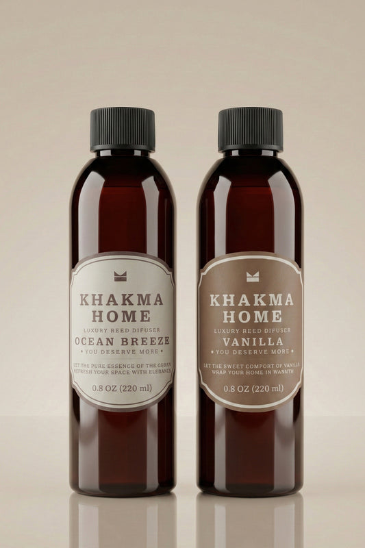 Khakma Home Okyanus Esintisi ve Vanilya yedek oda kokusu 220 ml amber şişeler yan yana
