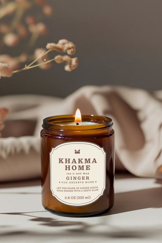 Yanan zencefil kokulu soya mum, Ginger etiketli 220 ml amber cam kavanoz